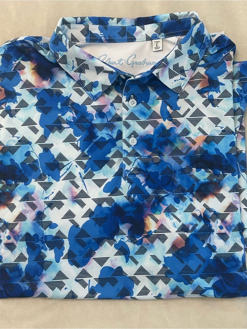 Robert Graham Mens Large Performance Polo Shirt Blue Abstract Geometric Golf L